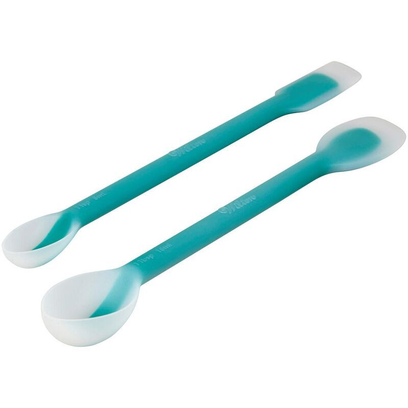 Juego de 2 cucharas para bebés de silicona, color azul y turquesa